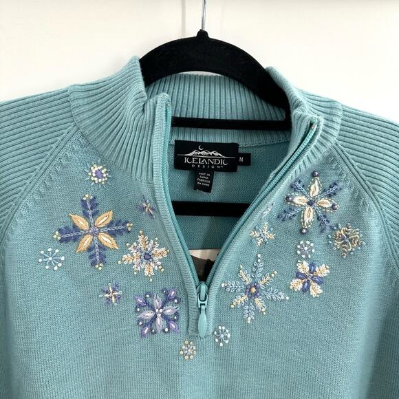 NEW Icelandic Design 100% Wool Blue Quarter Zip Pullover Embroidered Sweater - Picture 3 of 6